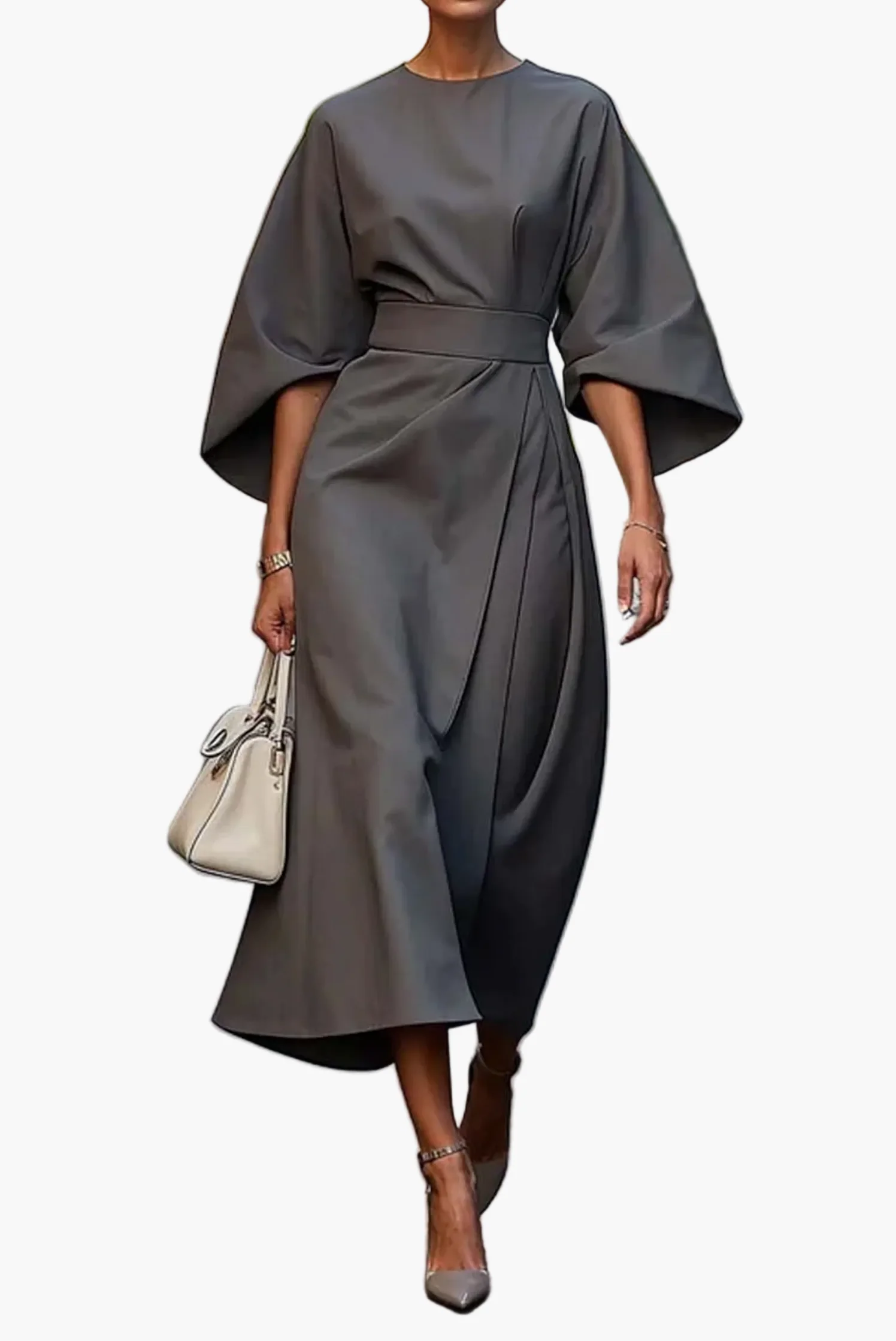 Robe Femme Élégante Midi à Manches Chauve-Souris – Style Sophistiqué pour Cérémonies et Bureau - Image 5