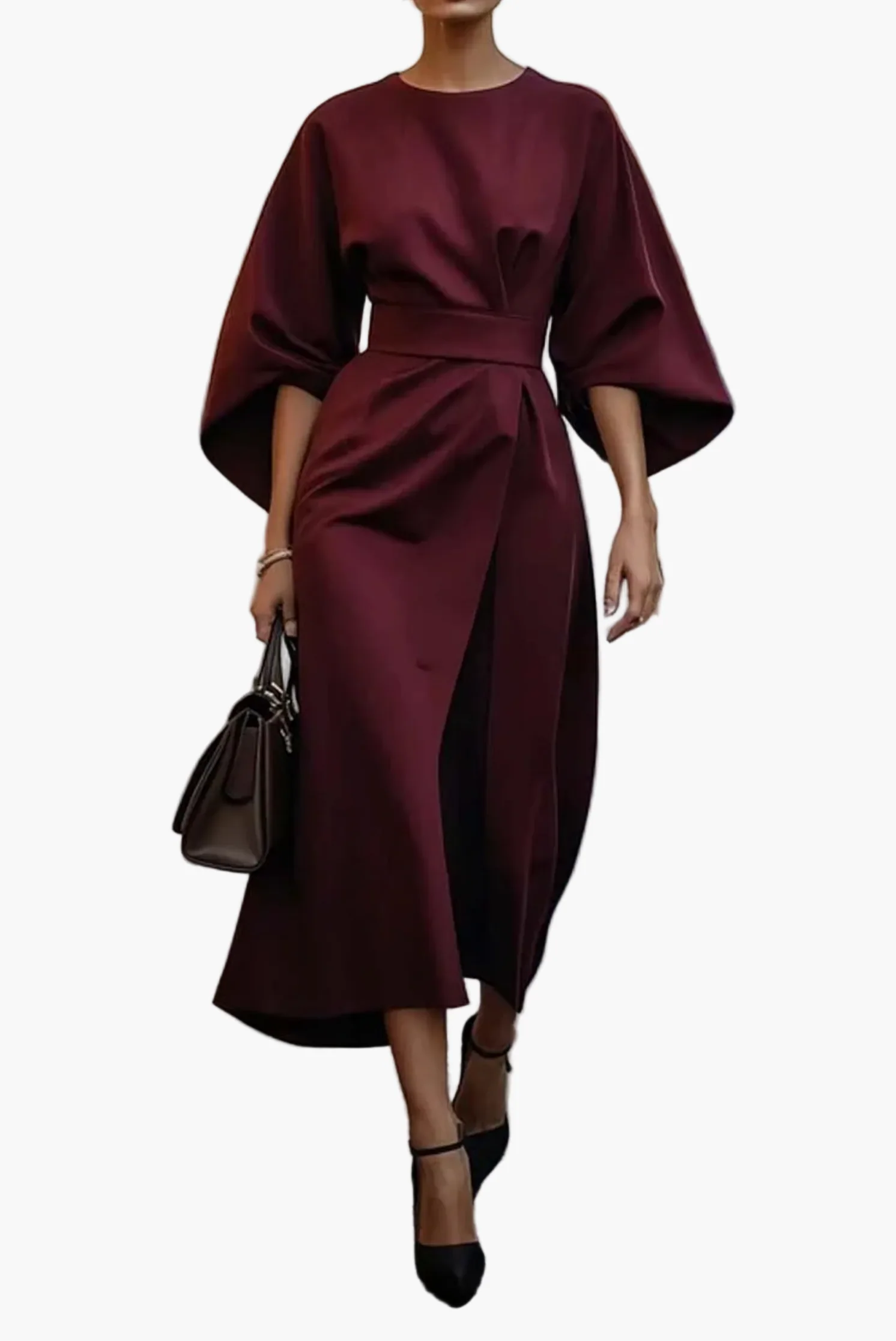 Robe Femme Élégante Midi à Manches Chauve-Souris – Style Sophistiqué pour Cérémonies et Bureau - Image 6