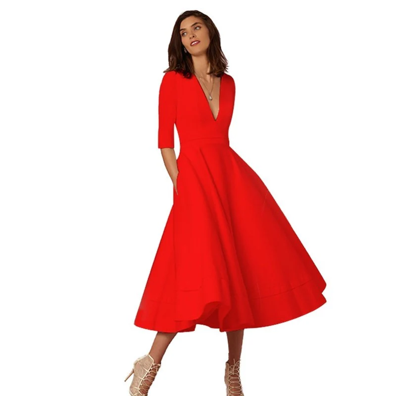 Robe Femme Élégante Midi Style Vintage à Manches Mi-longues pour Mariage ou Soirée - Image 2