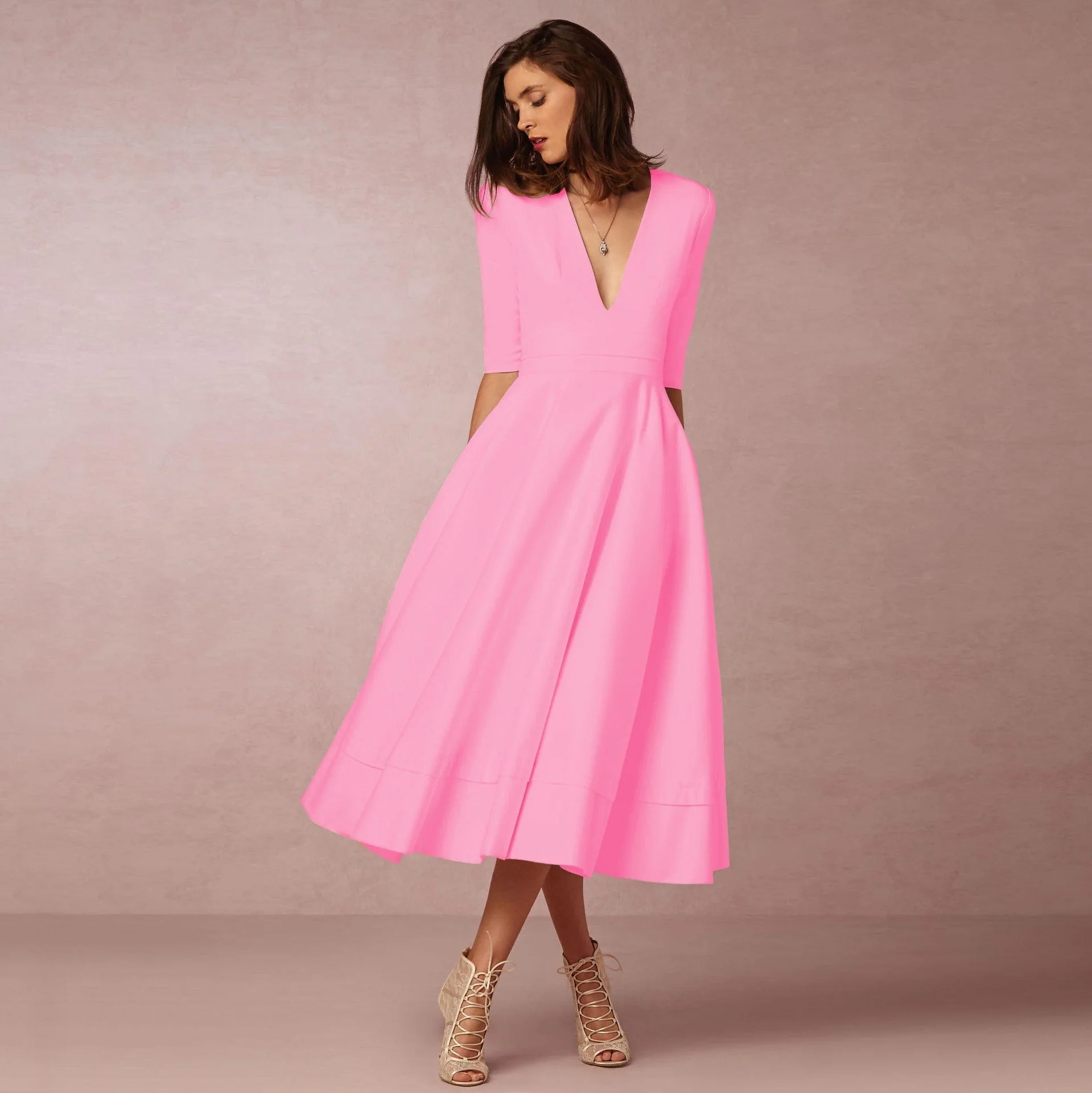 Robe Femme Élégante Midi Style Vintage à Manches Mi-longues pour Mariage ou Soirée - Image 3