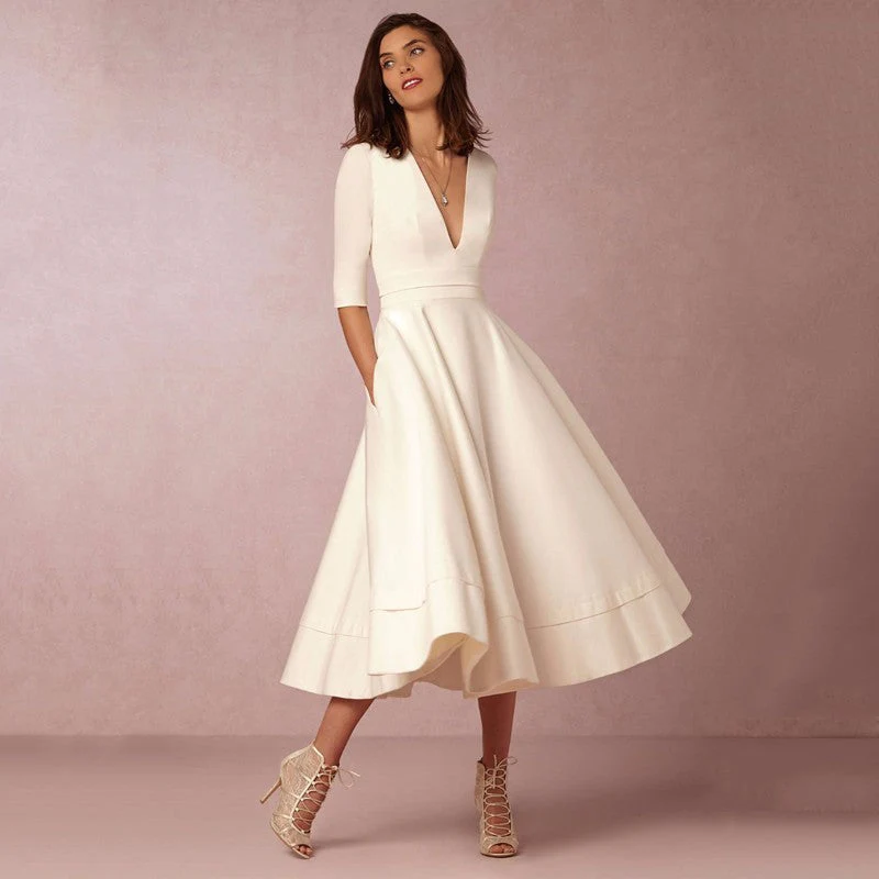Robe Femme Élégante Midi Style Vintage à Manches Mi-longues pour Mariage ou Soirée - Image 4
