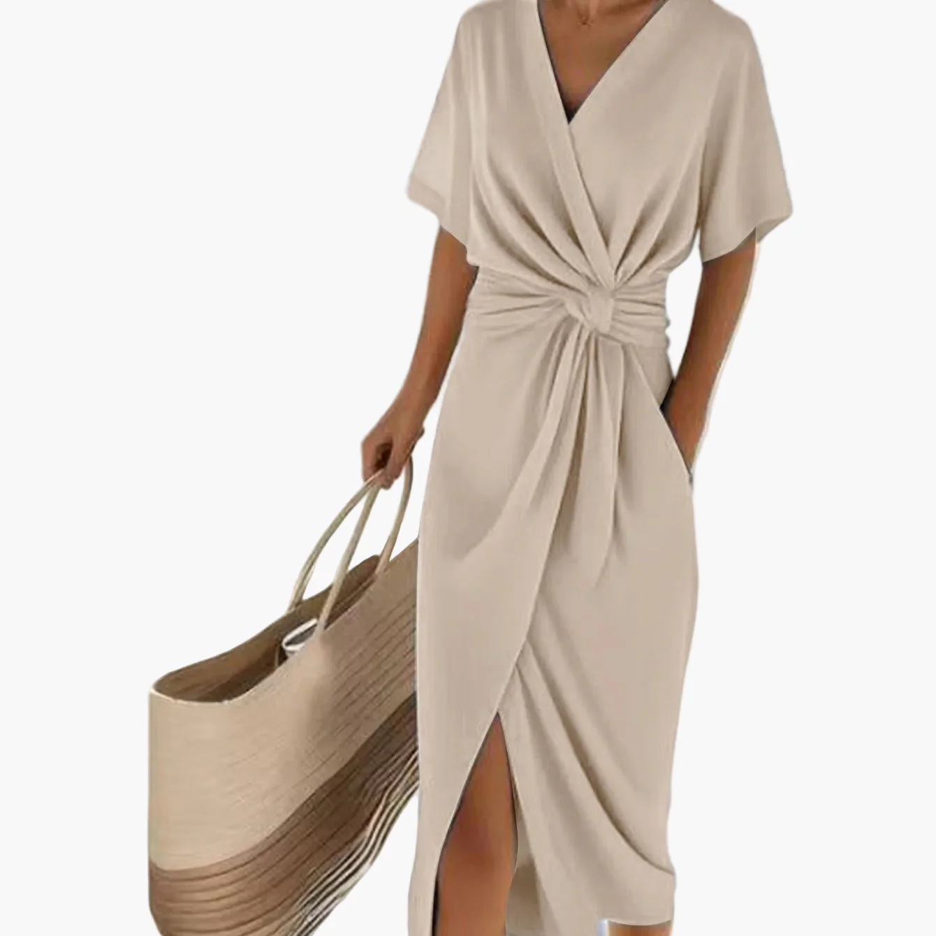 Robe Femme Élégante Style Bohème à Ceinture, Manches Courtes, Décolleté en V, Idéale Été et Vacances - Image 11