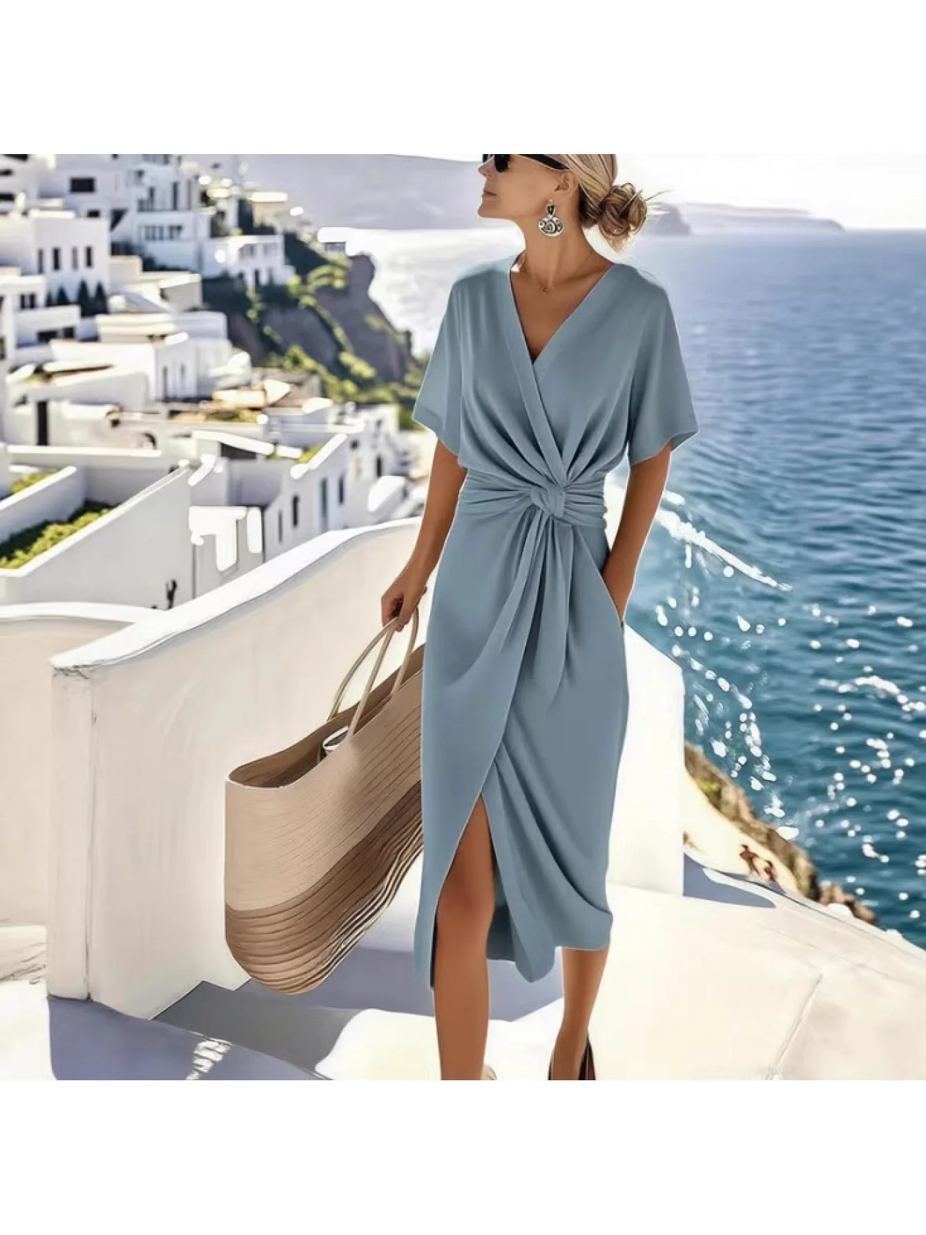 Robe Femme Élégante Style Bohème à Ceinture, Manches Courtes, Décolleté en V, Idéale Été et Vacances - Image 4