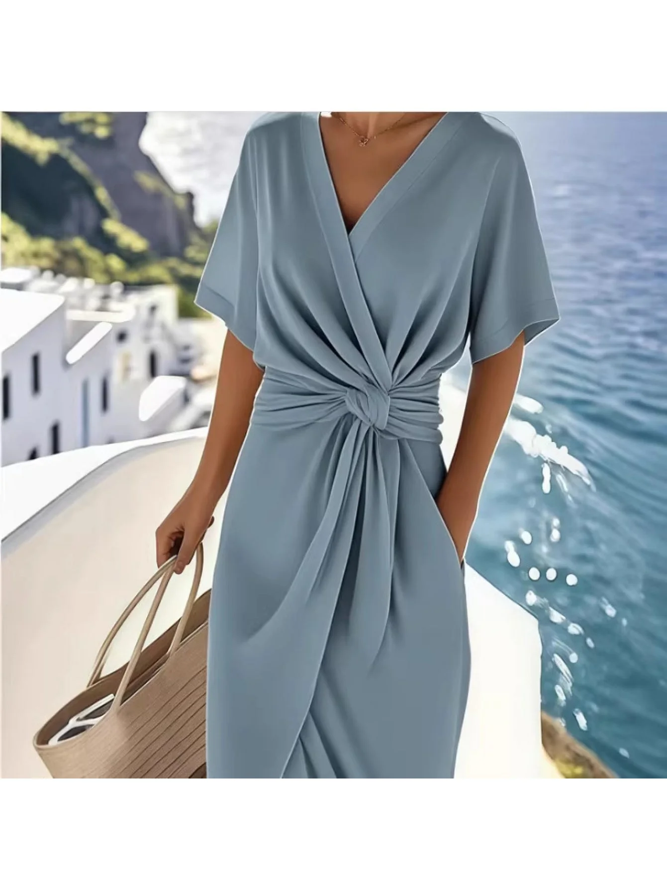 Robe Femme Élégante Style Bohème à Ceinture, Manches Courtes, Décolleté en V, Idéale Été et Vacances - Image 7