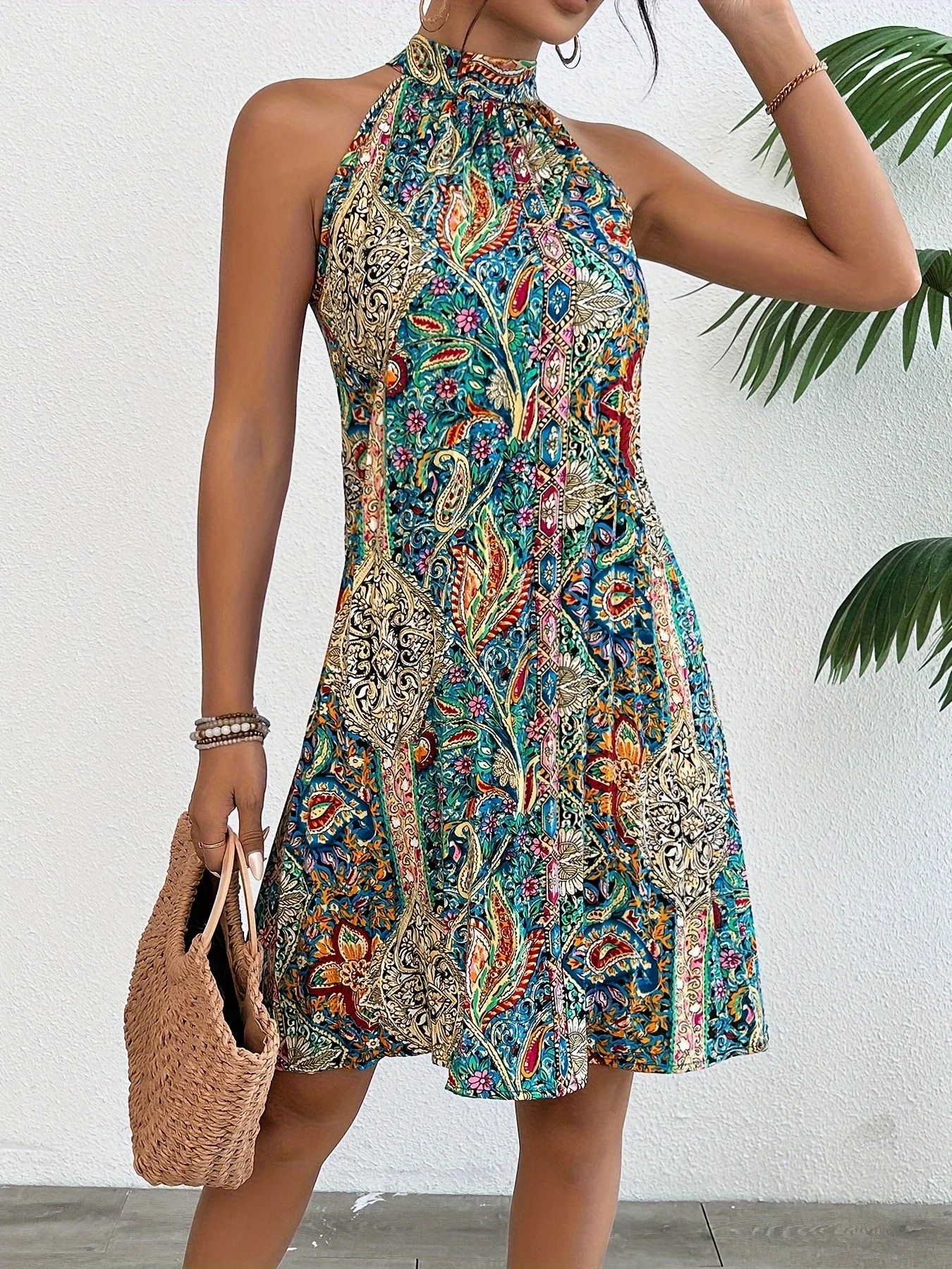 Robe femme élégante style tunique à col halter imprimé géométrique d'été - Image 3