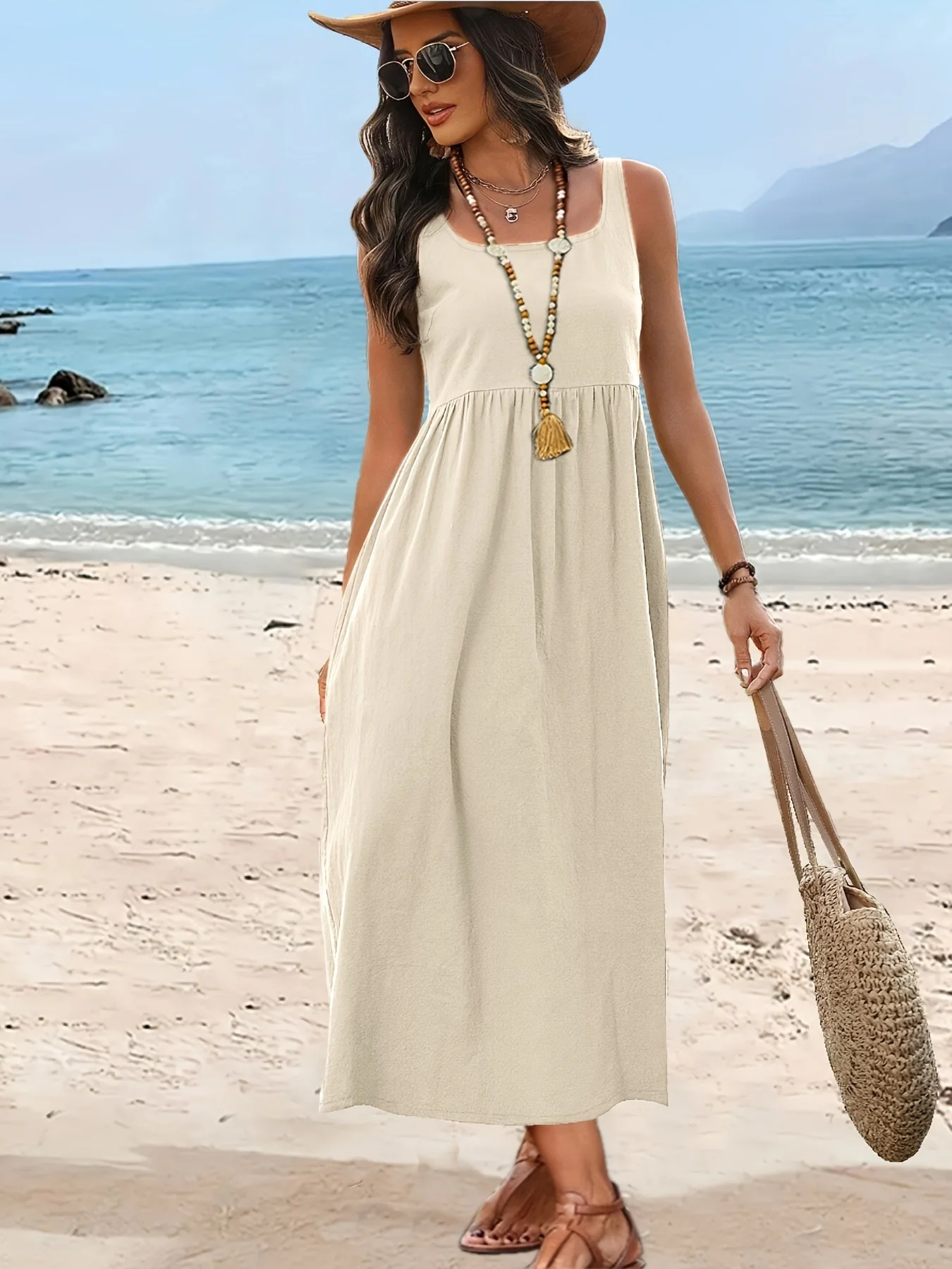 Robe Femme Midi Style Bohème Col Carré Sans Manches pour Vacances - Image 10