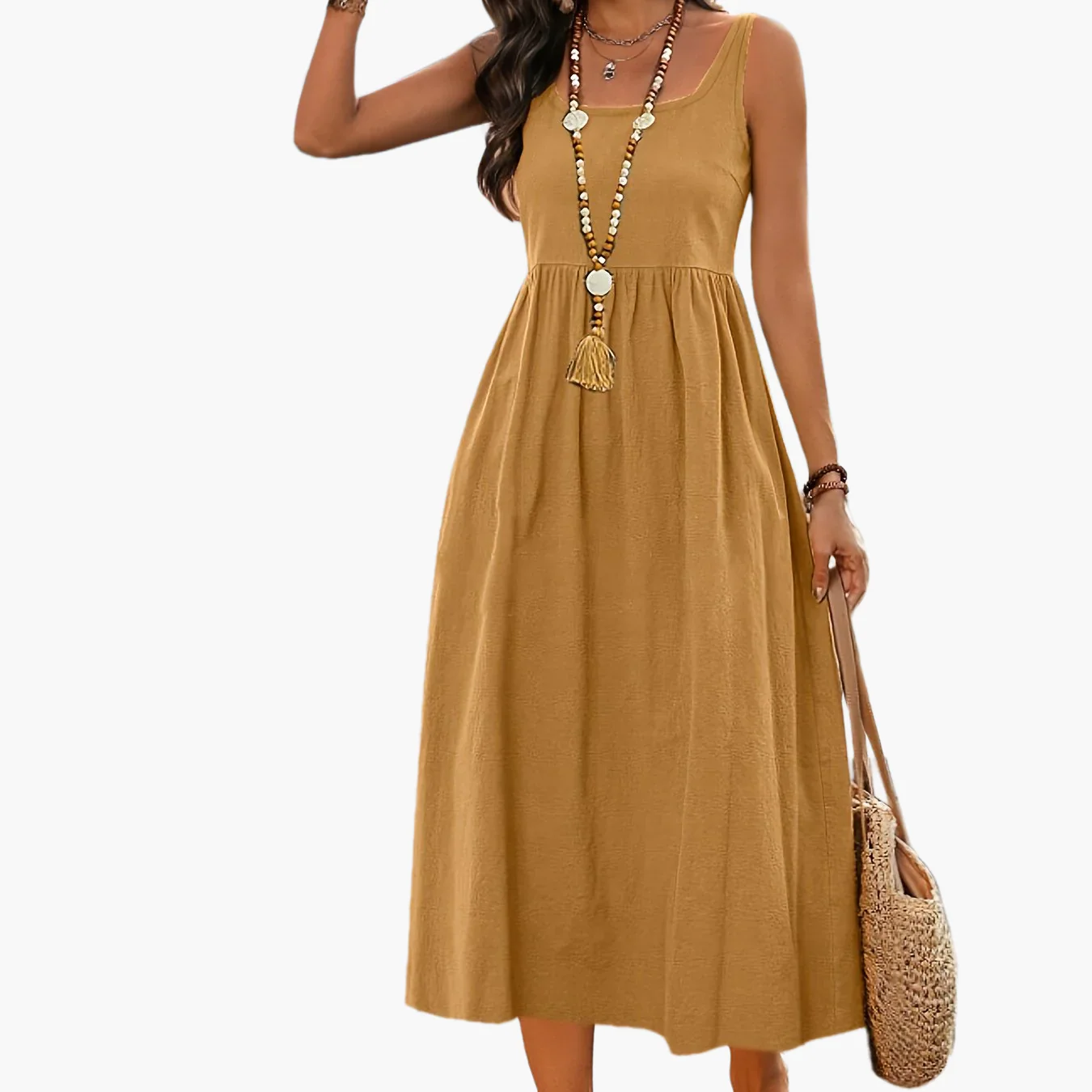Robe Femme Midi Style Bohème Col Carré Sans Manches pour Vacances - Image 11
