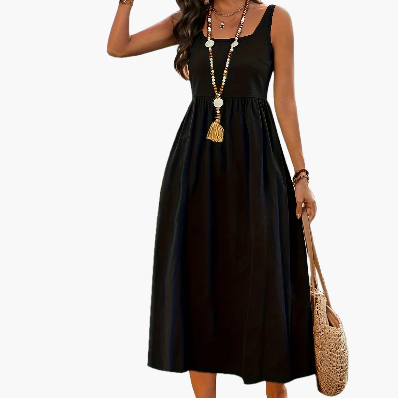 Robe Femme Midi Style Bohème Col Carré Sans Manches pour Vacances - Image 12