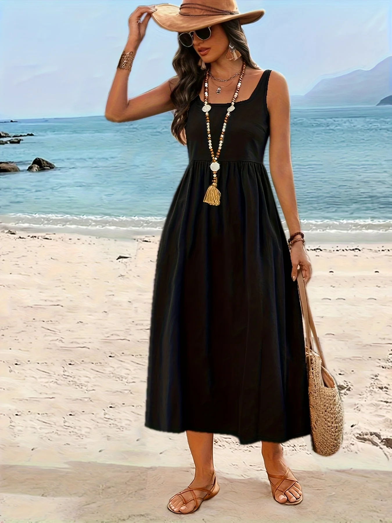 Robe Femme Midi Style Bohème Col Carré Sans Manches pour Vacances - Image 3