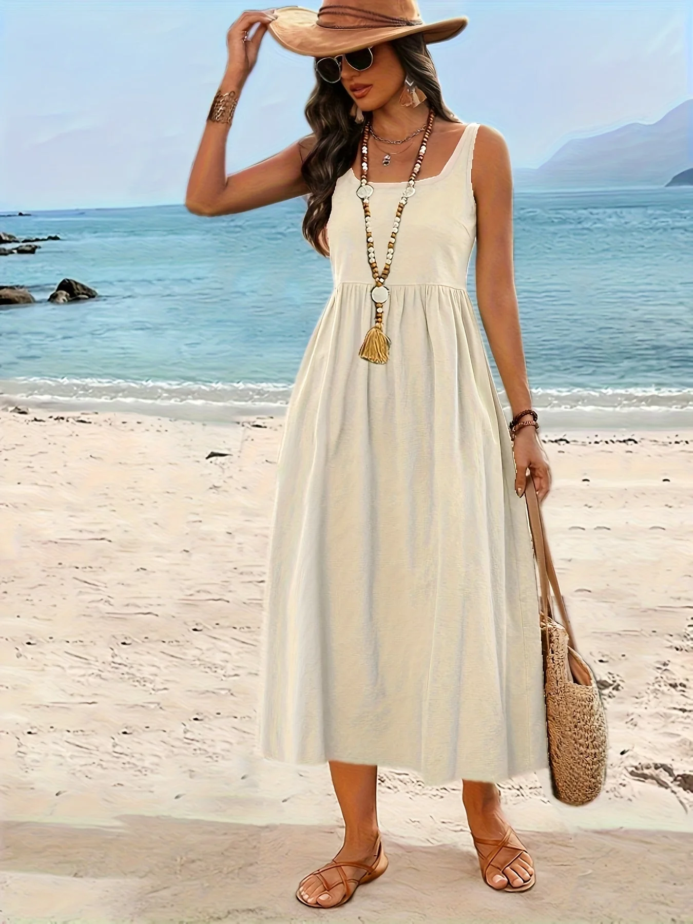 Robe Femme Midi Style Bohème Col Carré Sans Manches pour Vacances - Image 4