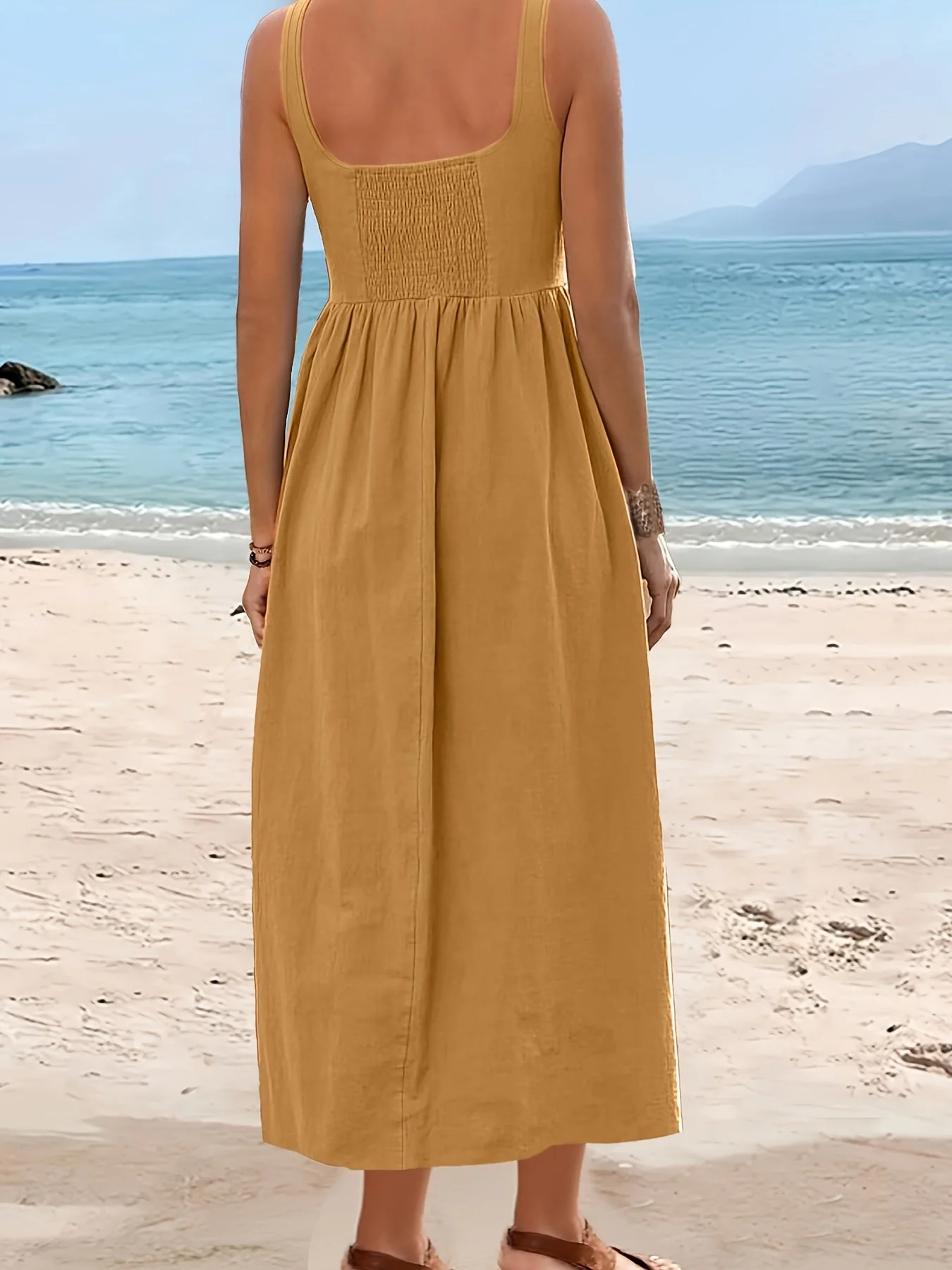 Robe Femme Midi Style Bohème Col Carré Sans Manches pour Vacances - Image 5