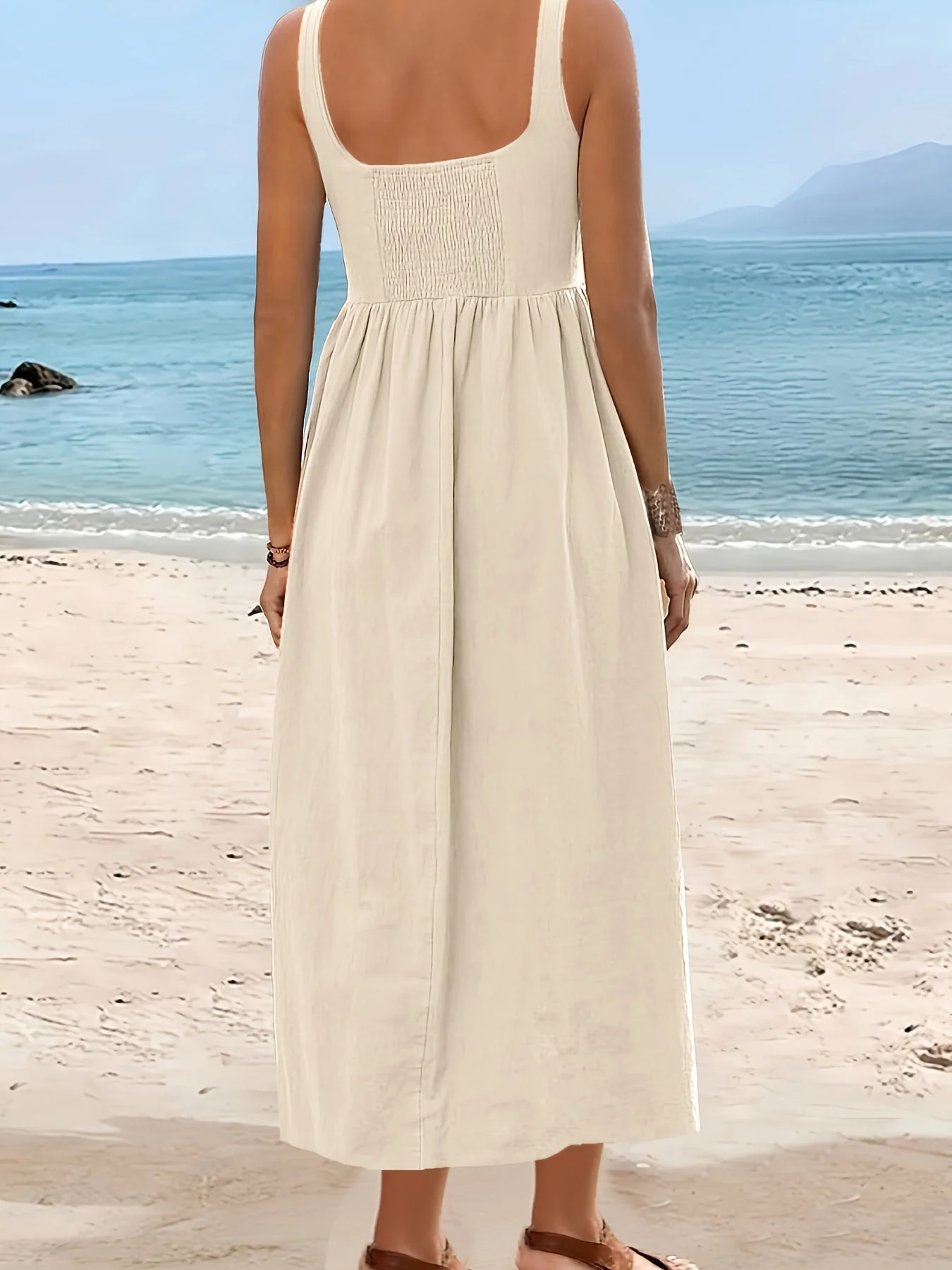 Robe Femme Midi Style Bohème Col Carré Sans Manches pour Vacances - Image 7
