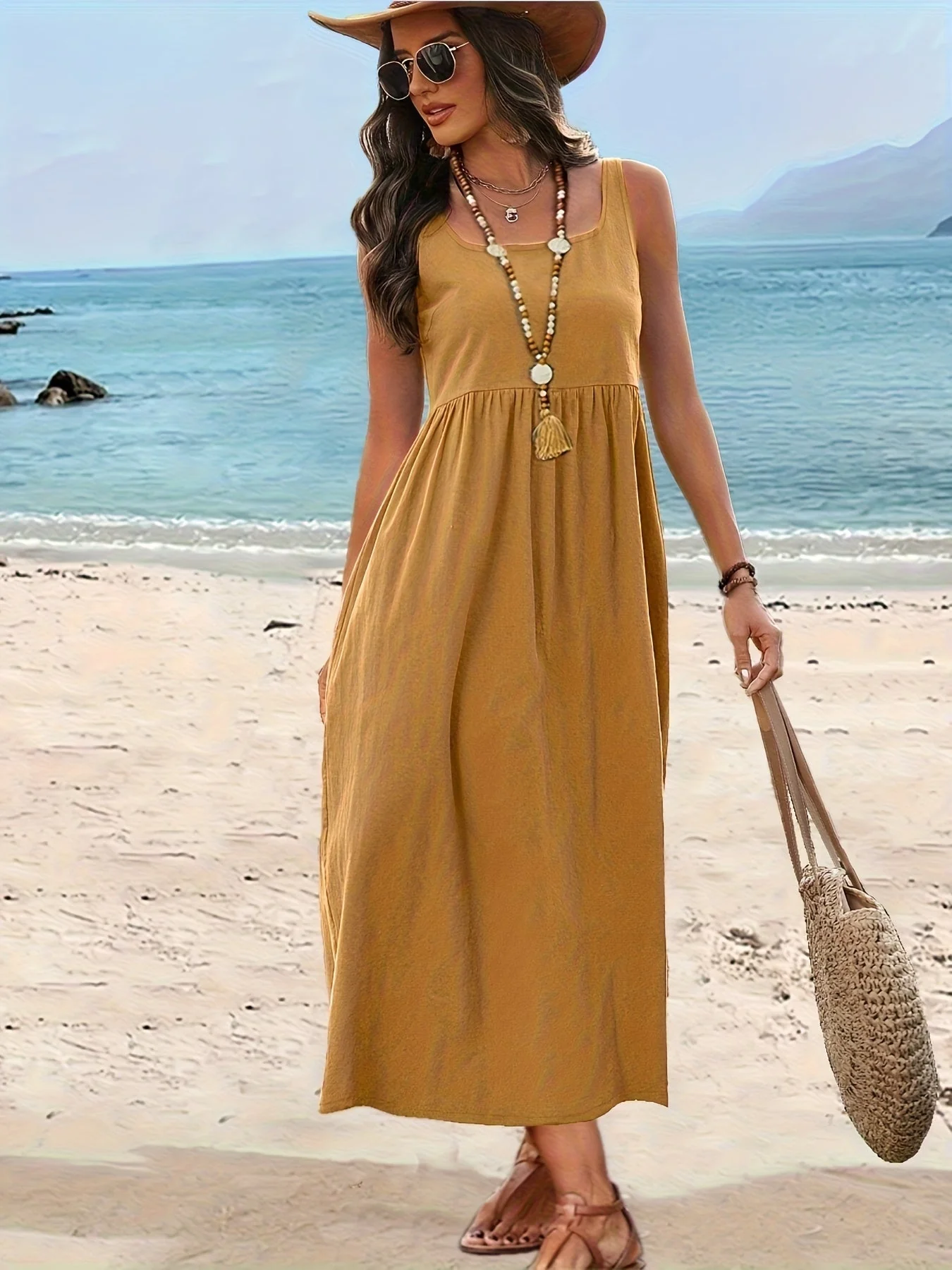 Robe Femme Midi Style Bohème Col Carré Sans Manches pour Vacances - Image 8