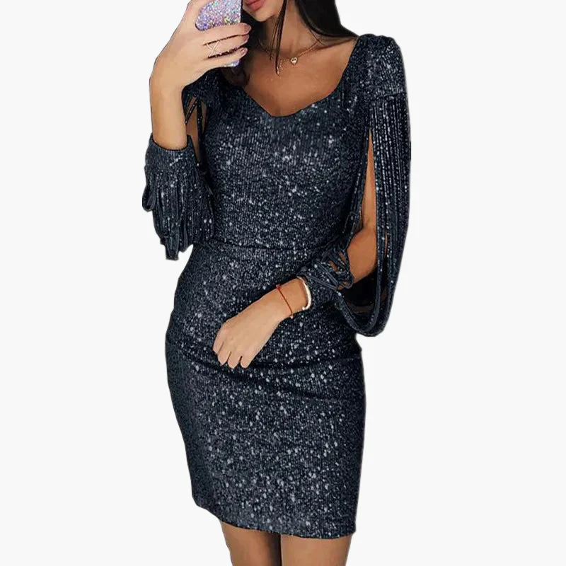 Robe Femme Soirée Élégante Pailletée à Manches Fendues Style Glamour pour Cérémonie et Fête - Image 4