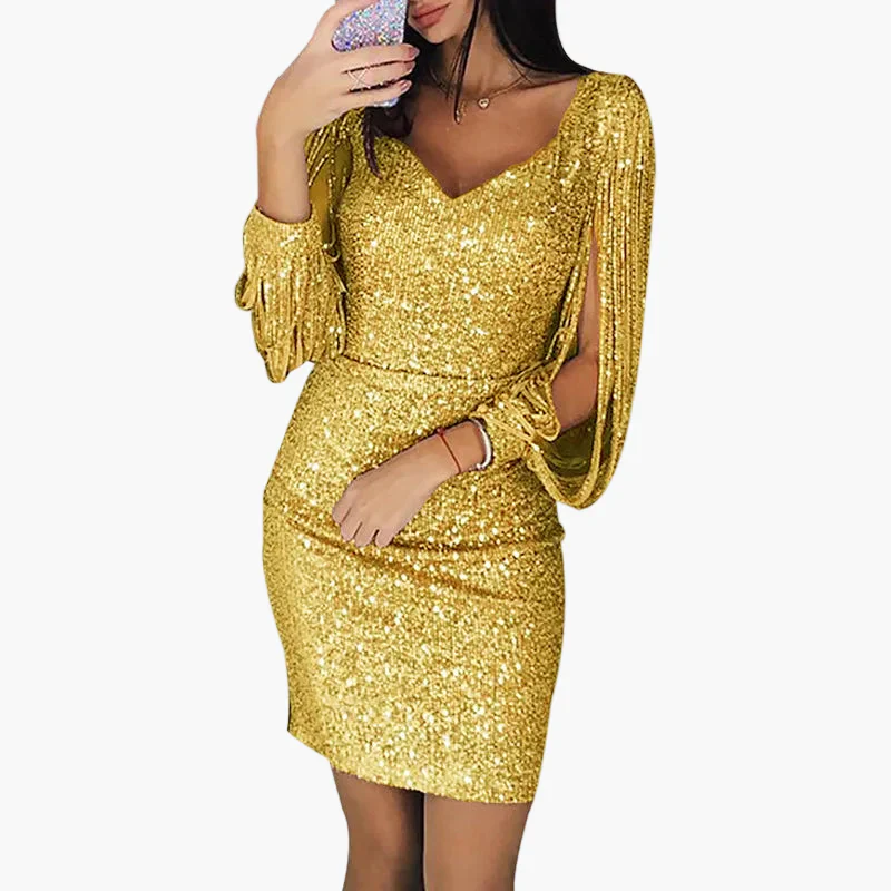 Robe Femme Soirée Élégante Pailletée à Manches Fendues Style Glamour pour Cérémonie et Fête - Image 5