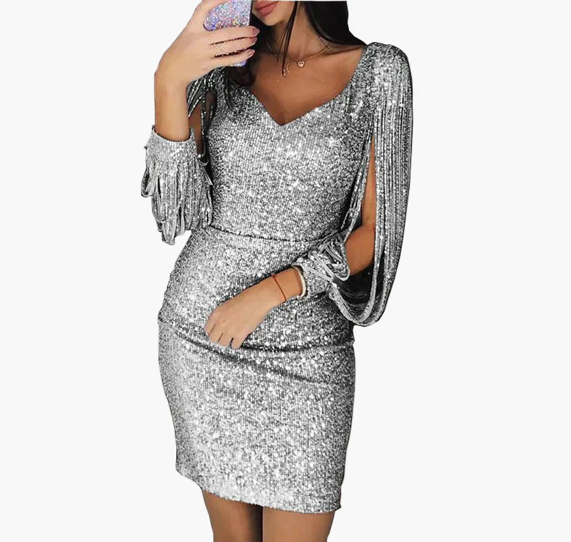 Robe Femme Soirée Élégante Pailletée à Manches Fendues Style Glamour pour Cérémonie et Fête - Image 6