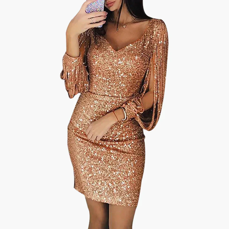 Robe Femme Soirée Élégante Pailletée à Manches Fendues Style Glamour pour Cérémonie et Fête - Image 7