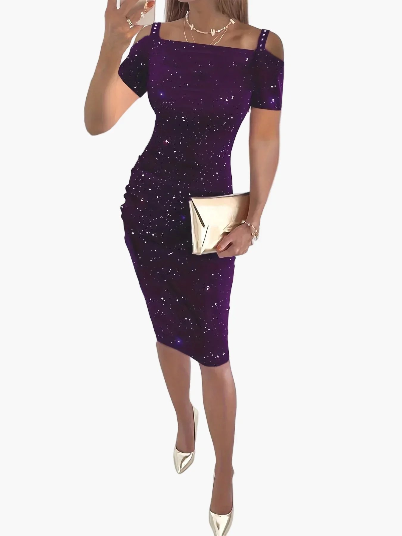 Robe fourreau élégante femme soirée épaules dénudées style glamour - Image 2