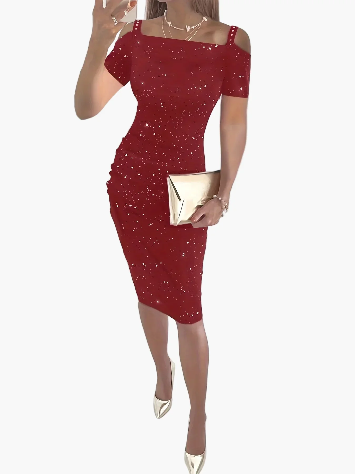 Robe fourreau élégante femme soirée épaules dénudées style glamour - Image 4