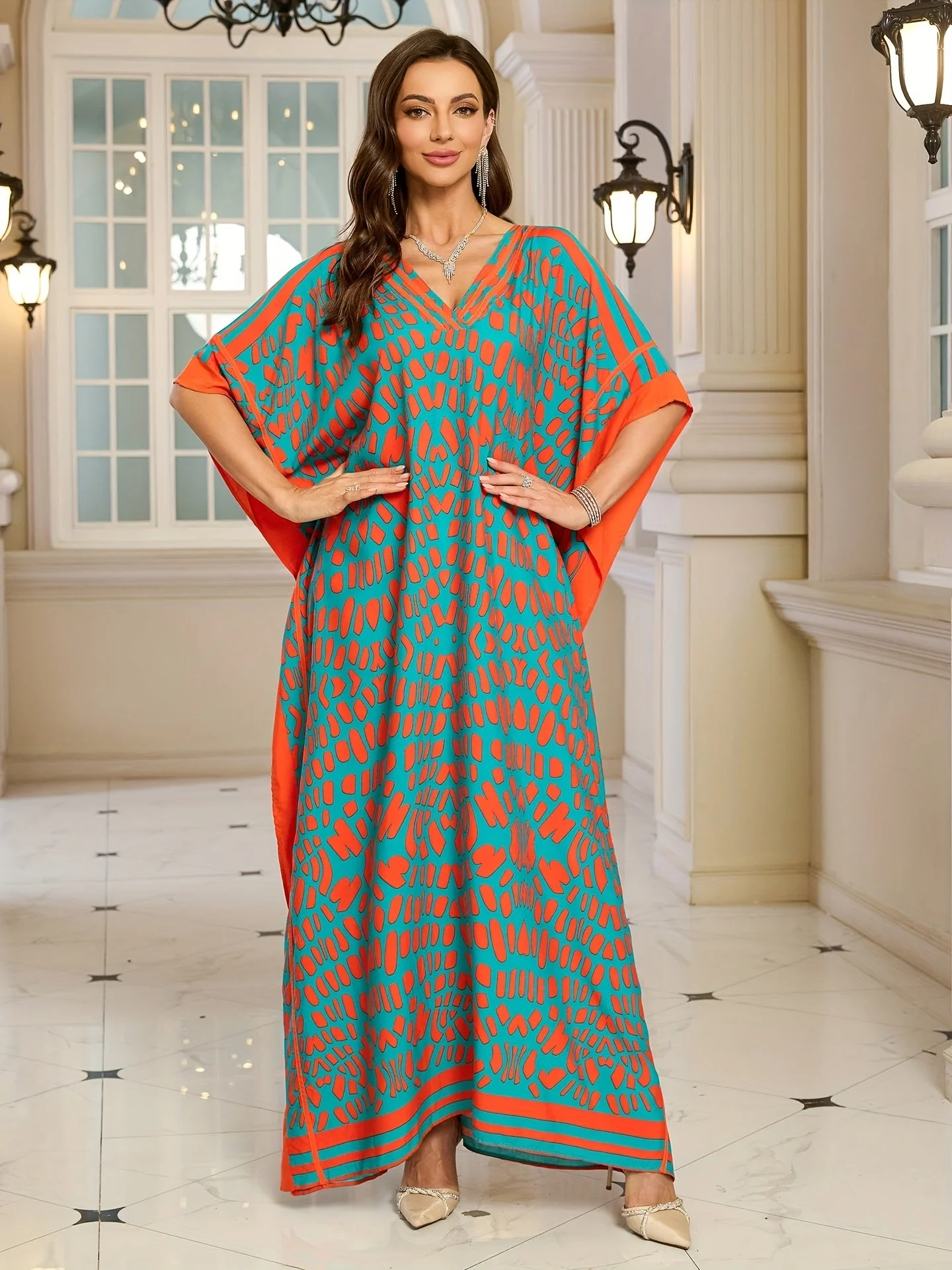 Robe longue bohème femme à imprimé graphique, col V, style décontracté chic - Image 2