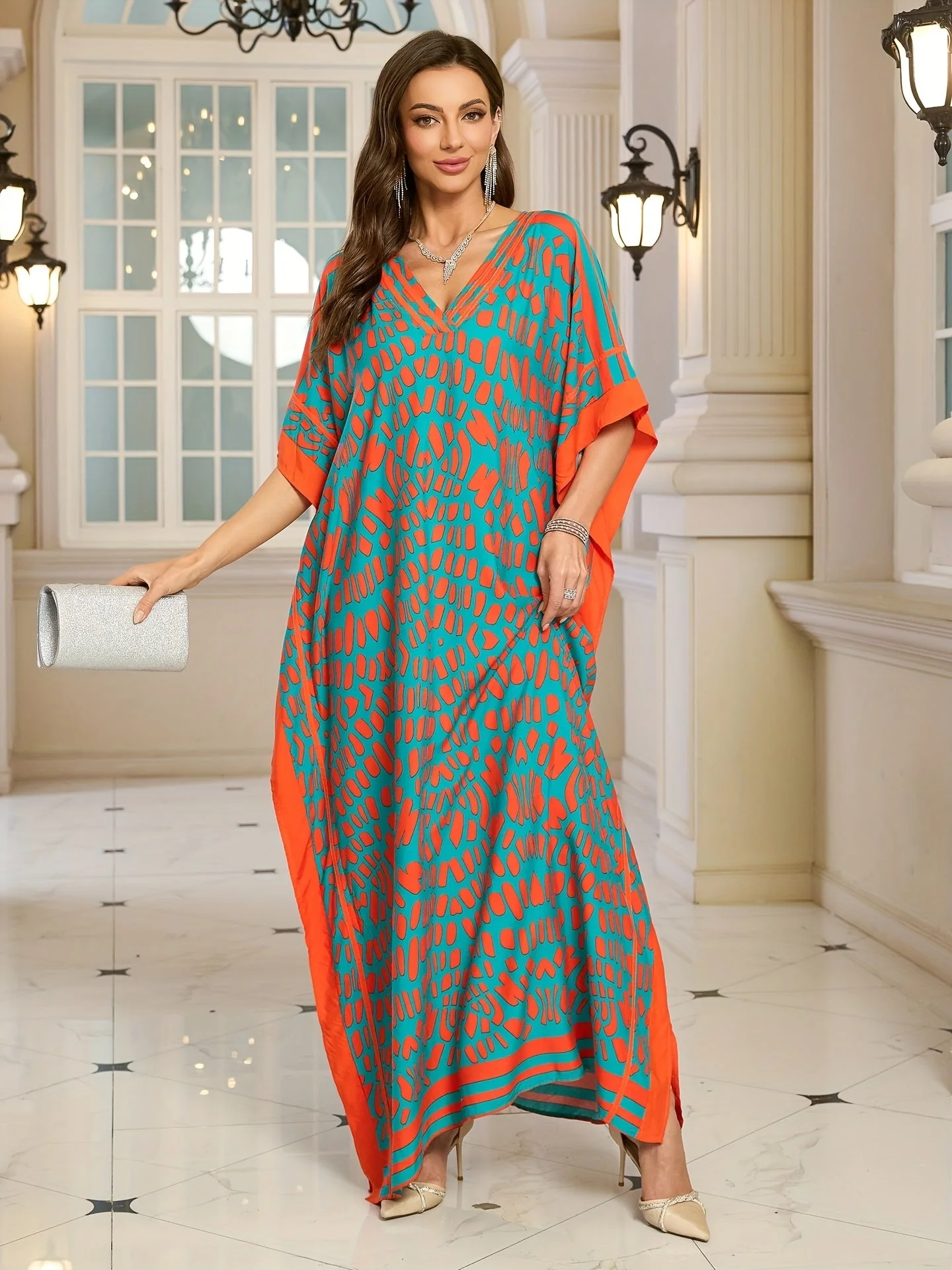 Robe longue bohème femme à imprimé graphique, col V, style décontracté chic - Image 3