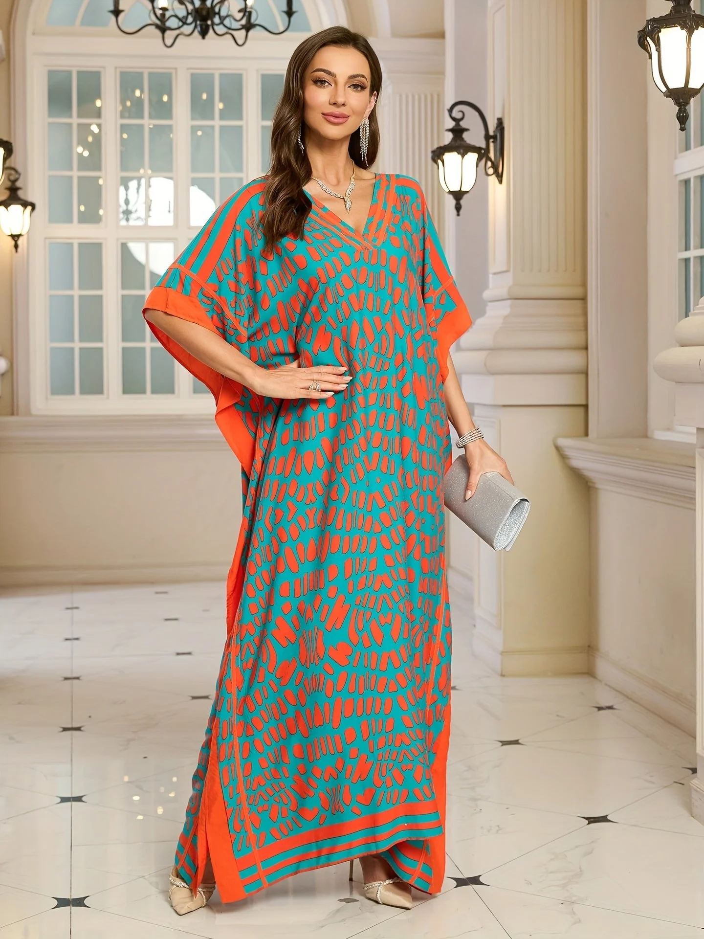 Robe longue bohème femme à imprimé graphique, col V, style décontracté chic - Image 4