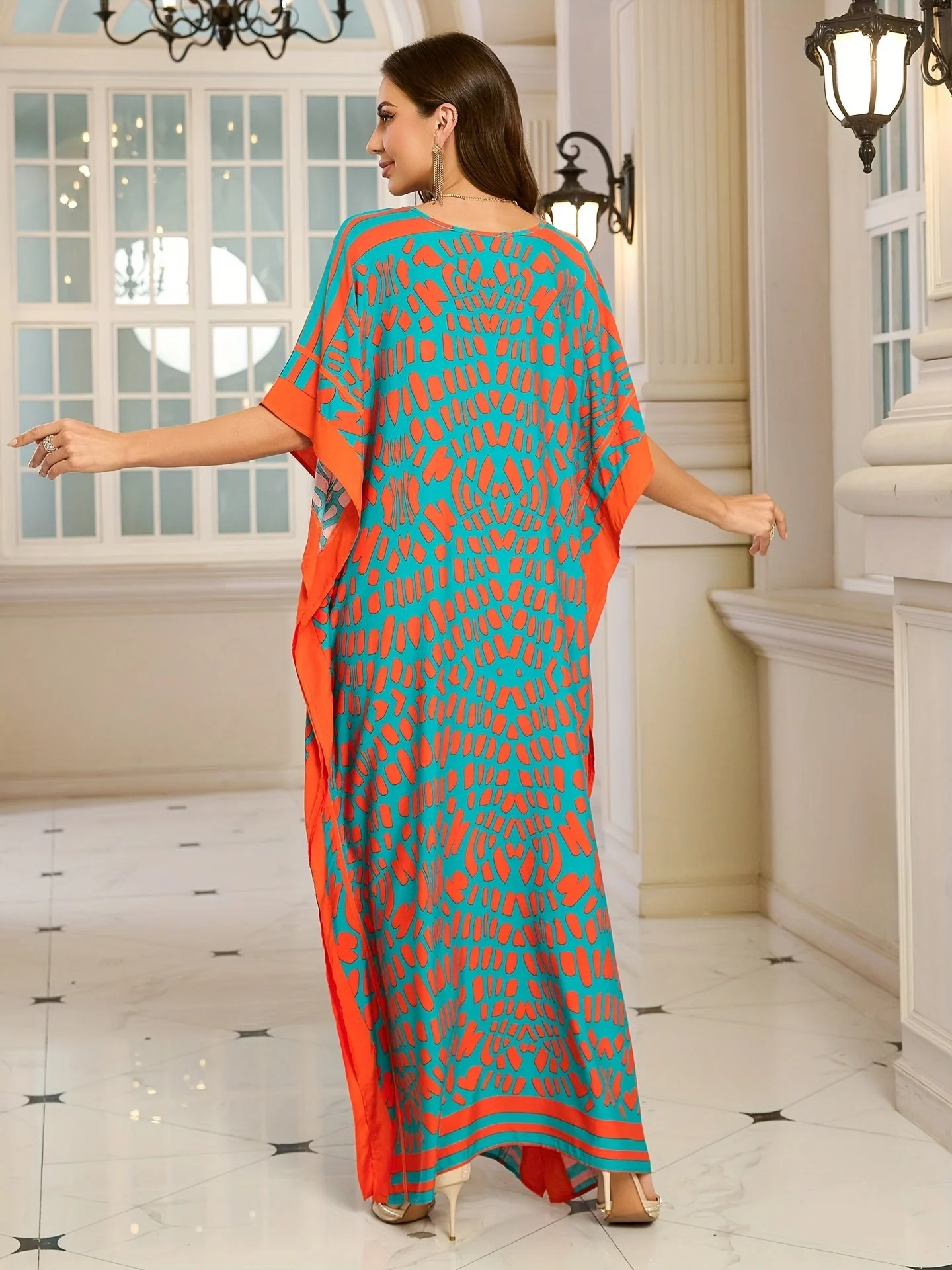 Robe longue bohème femme à imprimé graphique, col V, style décontracté chic - Image 5