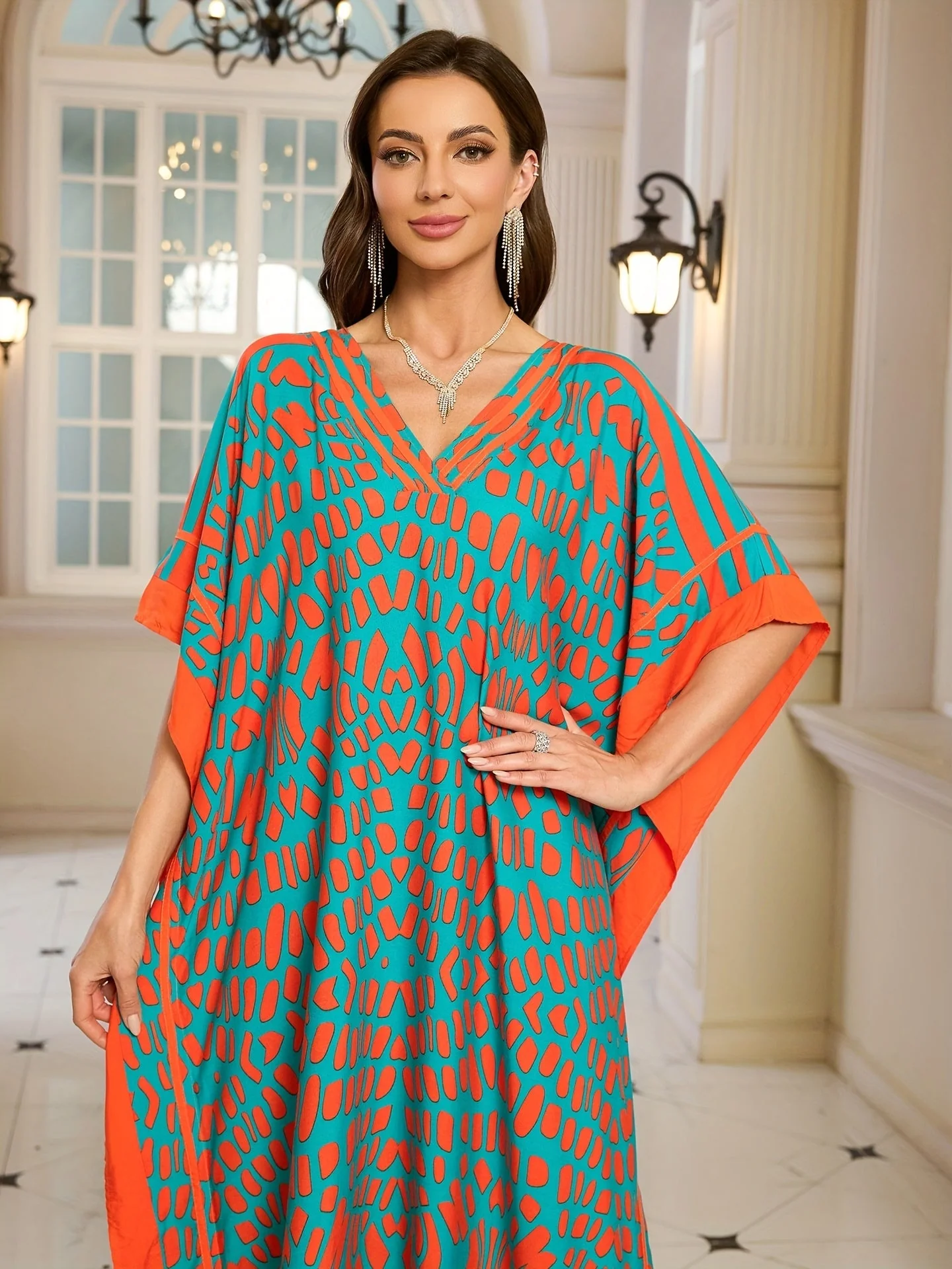 Robe longue bohème femme à imprimé graphique, col V, style décontracté chic - Image 6