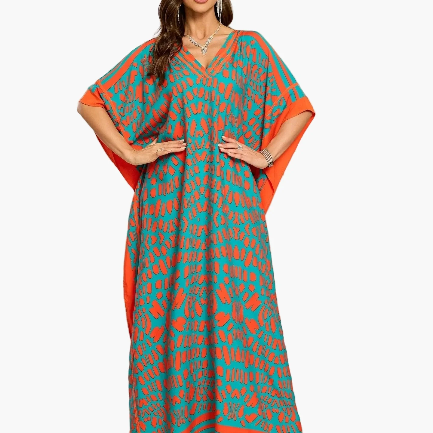 Robe longue bohème femme à imprimé graphique, col V, style décontracté chic - Image 7