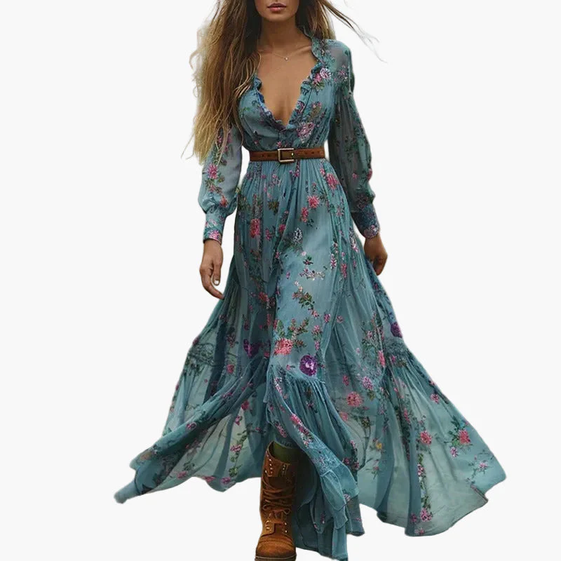 Robe longue bohème femme manches longues à volants motif fleuri pour occasion décontractée ou plein air - Image 2