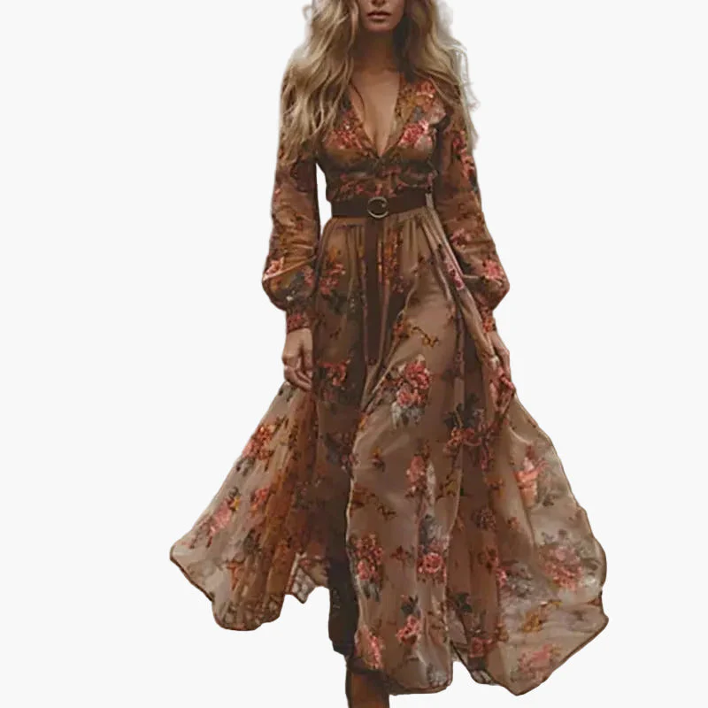 Robe longue bohème femme manches longues à volants motif fleuri pour occasion décontractée ou plein air - Image 3