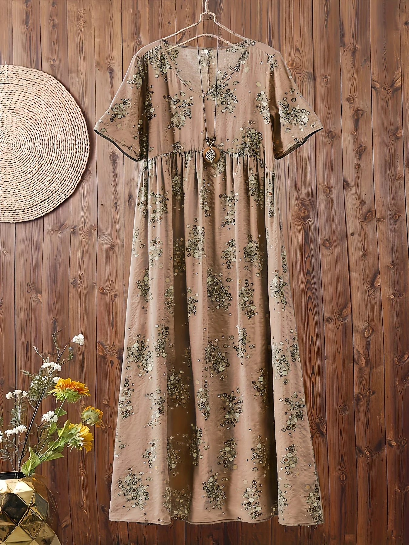 Robe longue décontractée femme style bohème à imprimé floral col en V, idéale pour l'été - Image 2