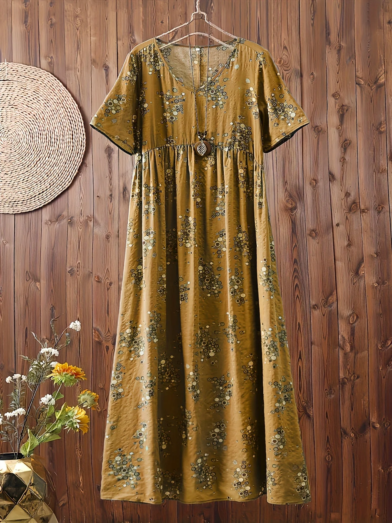 Robe longue décontractée femme style bohème à imprimé floral col en V, idéale pour l'été - Image 3