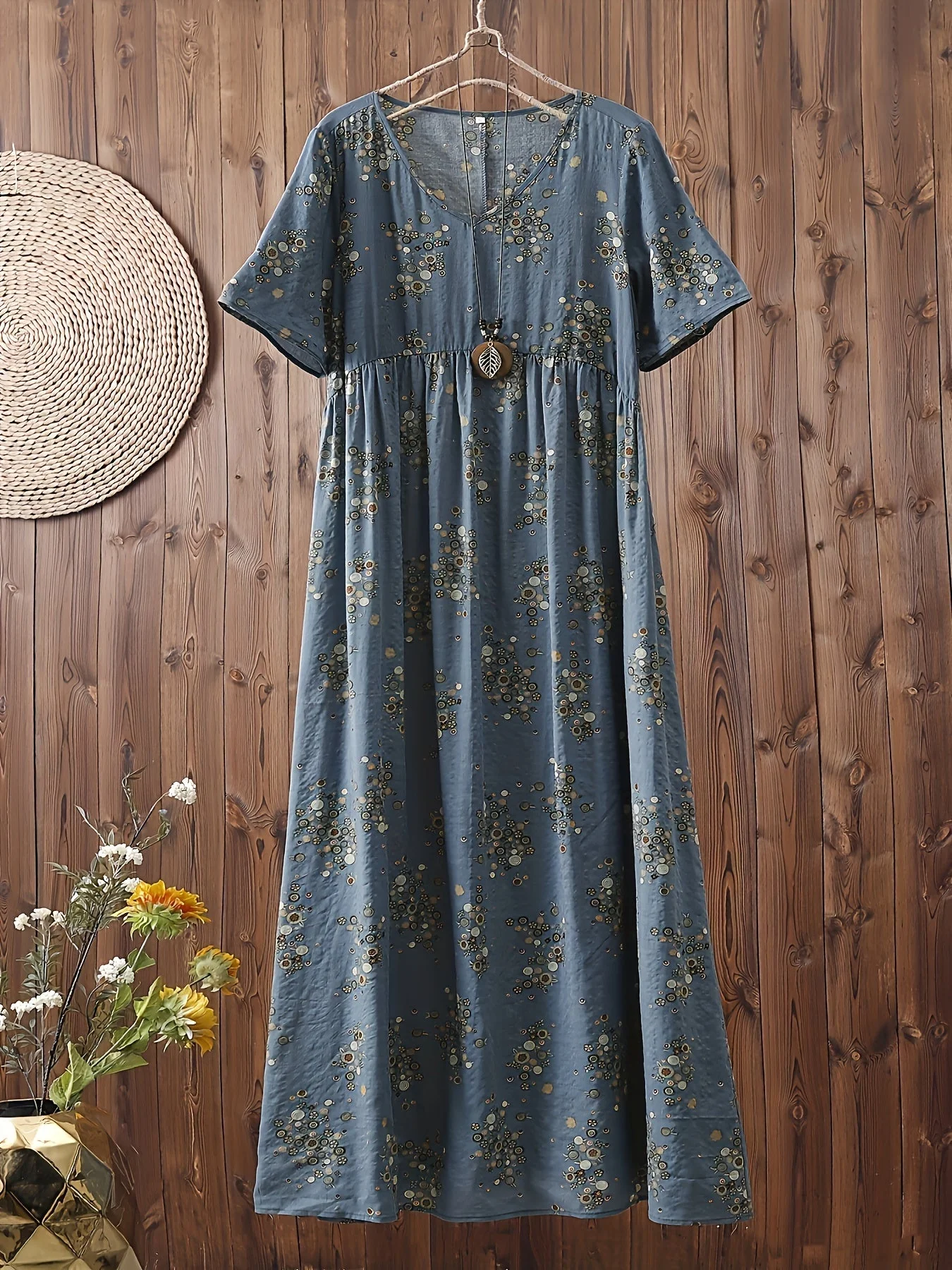 Robe longue décontractée femme style bohème à imprimé floral col en V, idéale pour l'été - Image 4