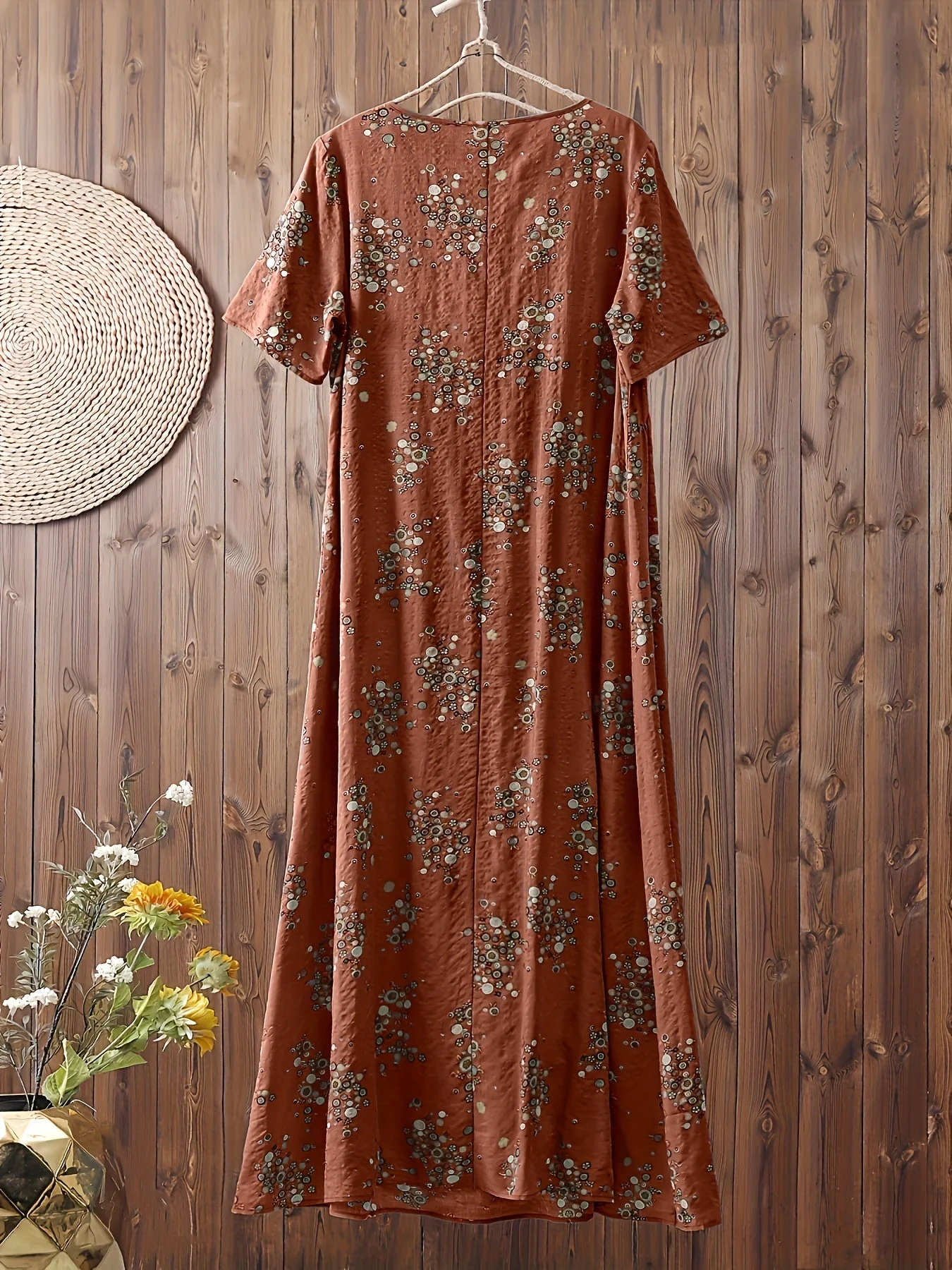 Robe longue décontractée femme style bohème à imprimé floral col en V, idéale pour l'été - Image 5