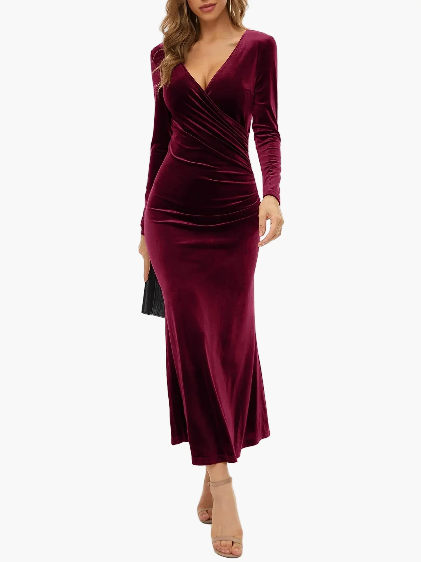 Robe Longue Élégante Femme Col en V Manches Longues Style Soirée Chic - Image 4