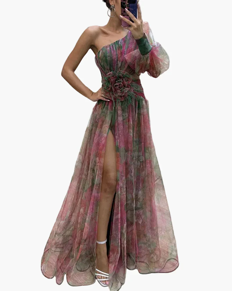 Robe longue élégante femme style soirée à une épaule avec fente et volant tendance - Image 2