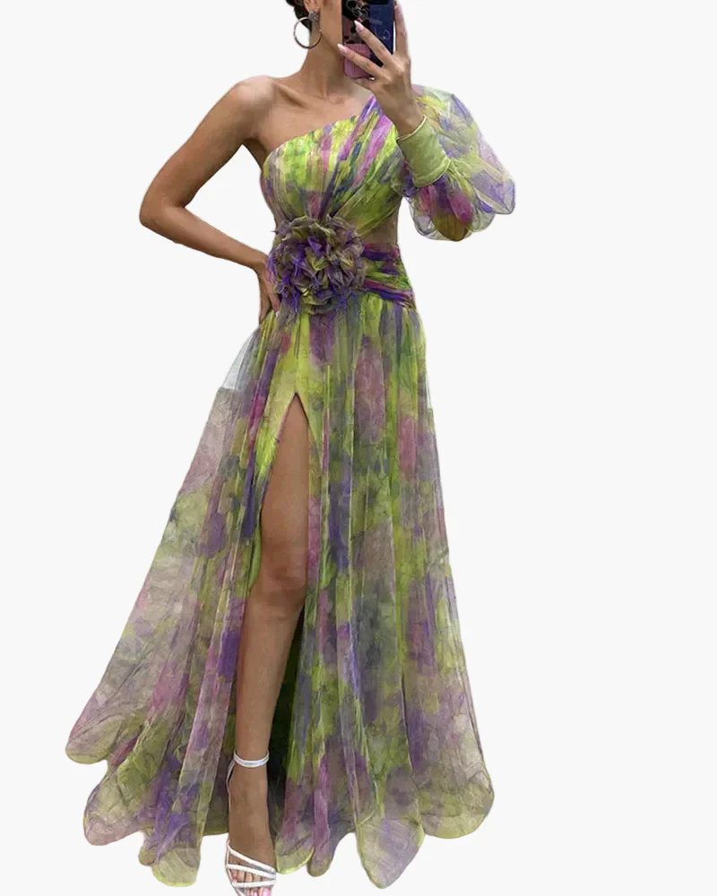 Robe longue élégante femme style soirée à une épaule avec fente et volant tendance - Image 3