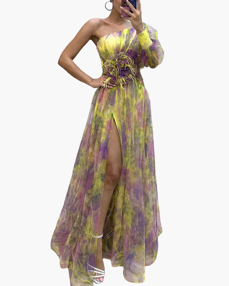 Robe longue élégante femme style soirée à une épaule avec fente et volant tendance - Image 4