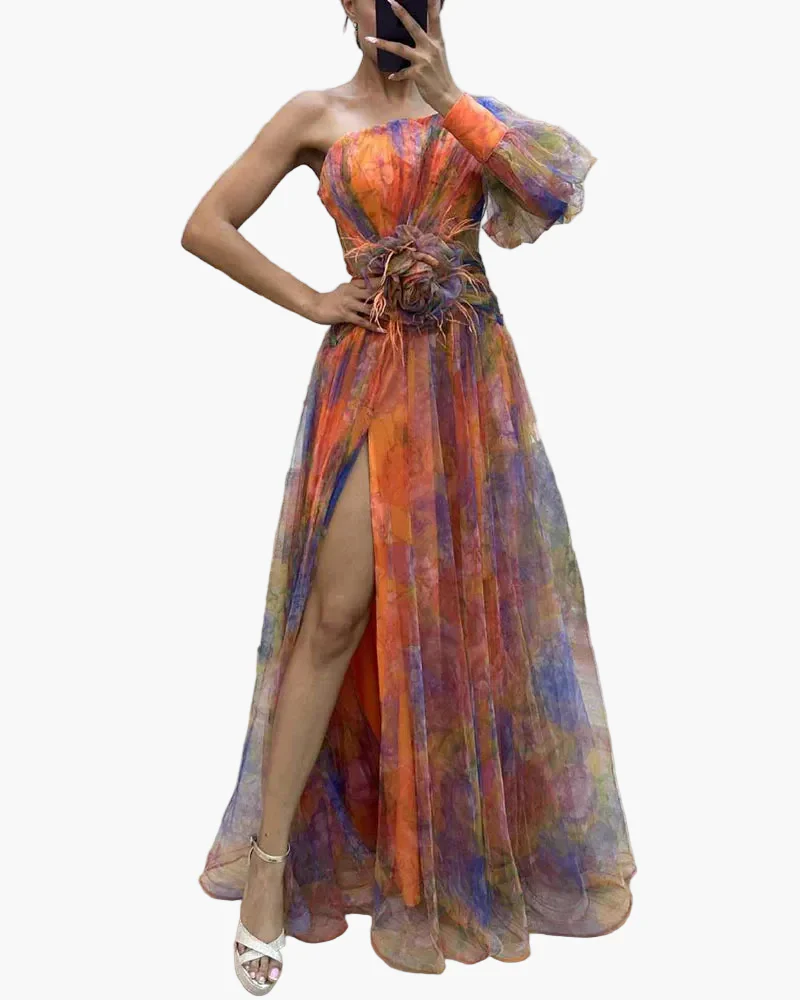 Robe longue élégante femme style soirée à une épaule avec fente et volant tendance - Image 5