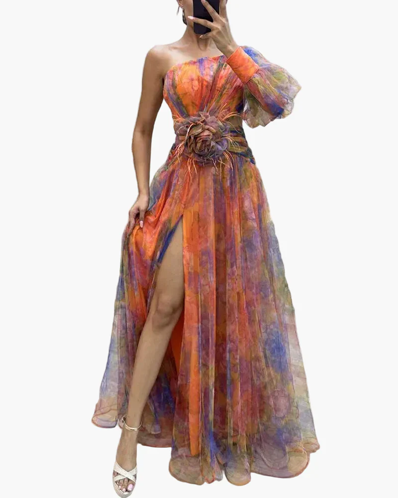 Robe longue élégante femme style soirée à une épaule avec fente et volant tendance - Image 6