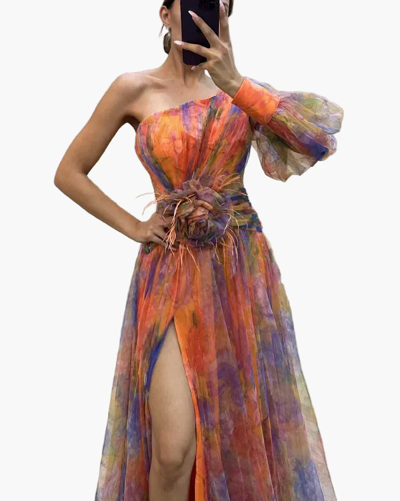 Robe longue élégante femme style soirée à une épaule avec fente et volant tendance - Image 7