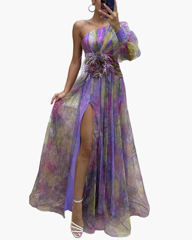 Robe longue élégante femme style soirée à une épaule avec fente et volant tendance - Image 8