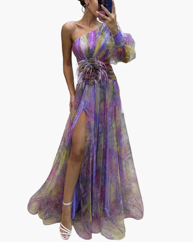 Robe longue élégante femme style soirée à une épaule avec fente et volant tendance - Image 9