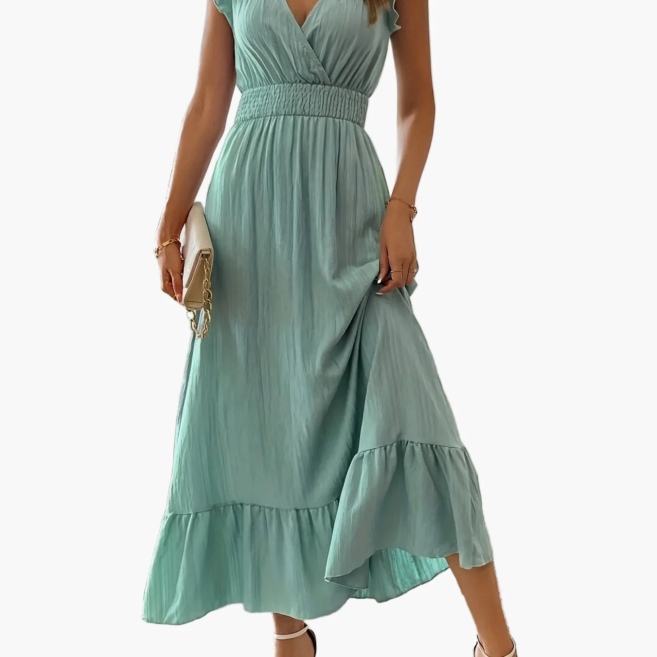 Robe longue élégante pour femme style vacances avec manches volantées et taille smockée - Image 12