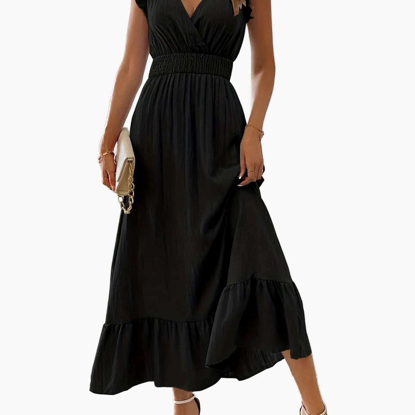 Robe longue élégante pour femme style vacances avec manches volantées et taille smockée - Image 13