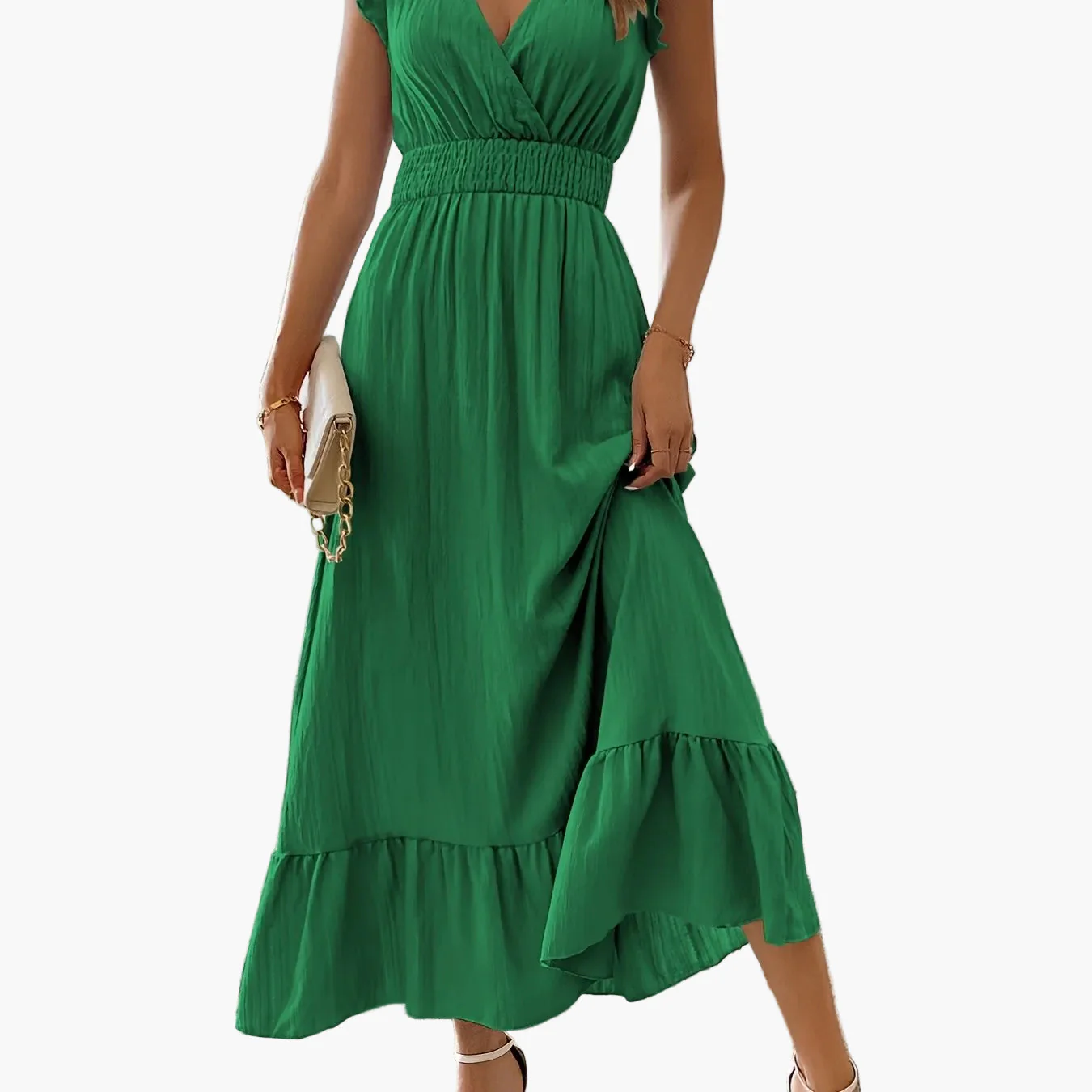 Robe longue élégante pour femme style vacances avec manches volantées et taille smockée - Image 14