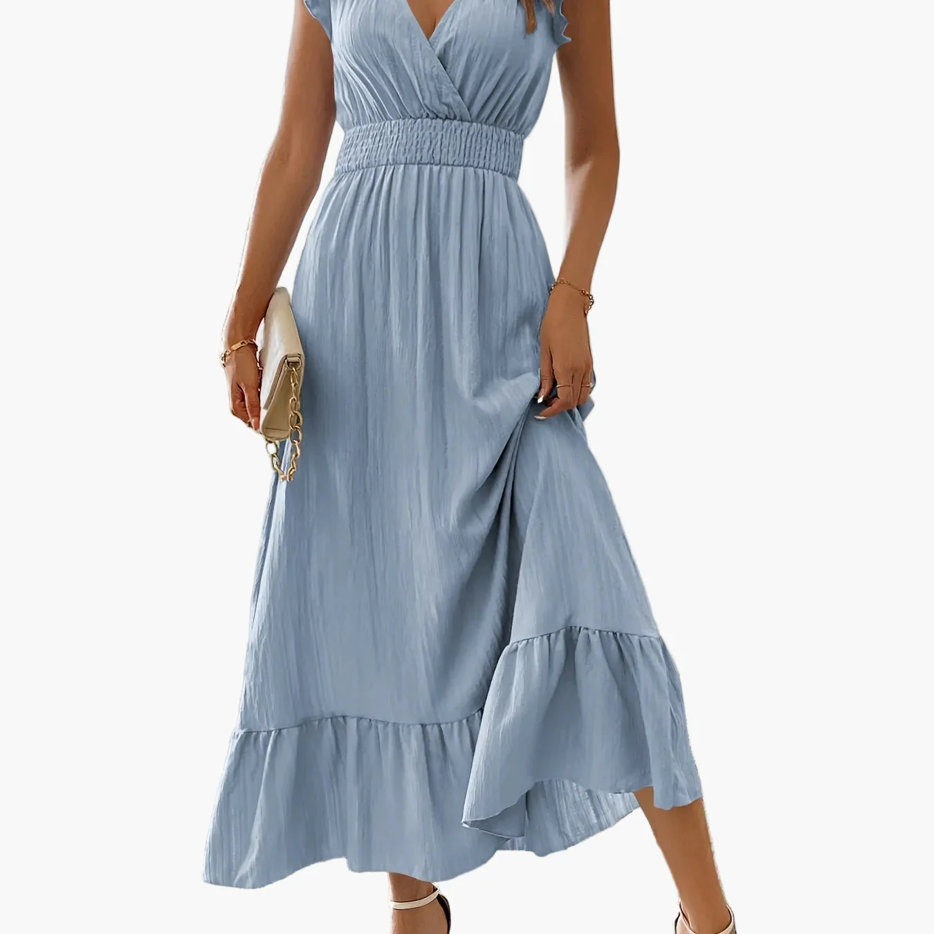 Robe longue élégante pour femme style vacances avec manches volantées et taille smockée - Image 15