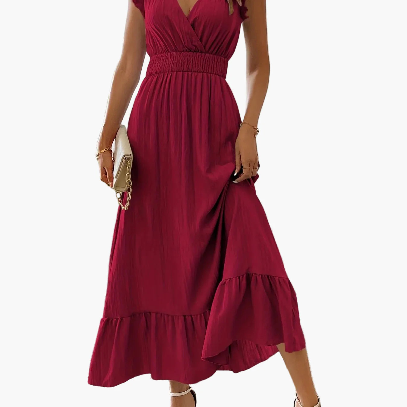 Robe longue élégante pour femme style vacances avec manches volantées et taille smockée - Image 16