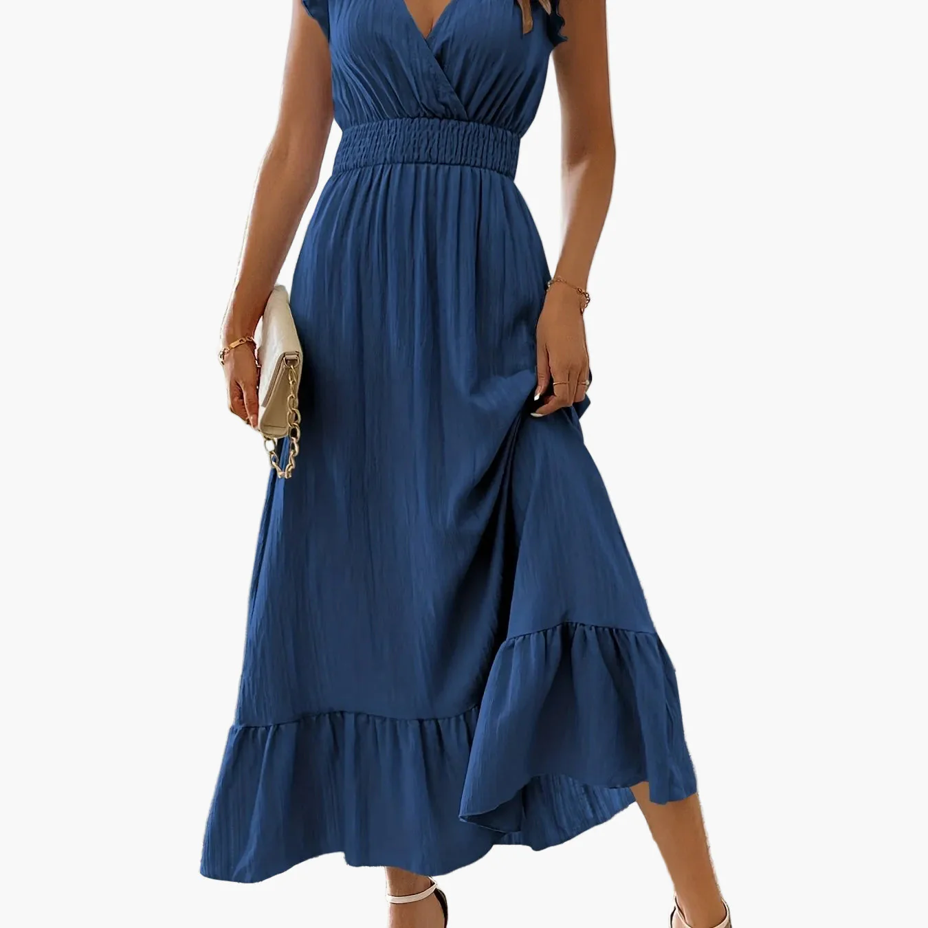 Robe longue élégante pour femme style vacances avec manches volantées et taille smockée - Image 17